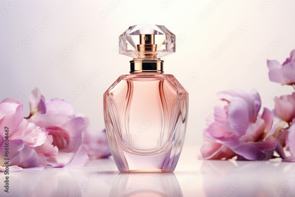 A transparent bottle of expensive women's perfume. Trendy concept of natural materials. Natural cosmetic A transparent bottle of expensive women's perfume. Trendy concept of natural materials. Natural cosmetic