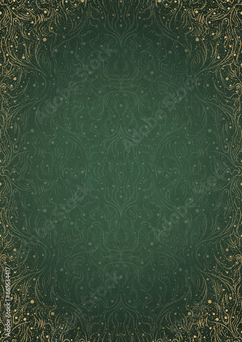 Hand-drawn unique abstract ornament. Light green on a dark warm green background, with vignette in golden glitter and splatters on darker background color. Paper texture. A4. (pattern: p11-2d)