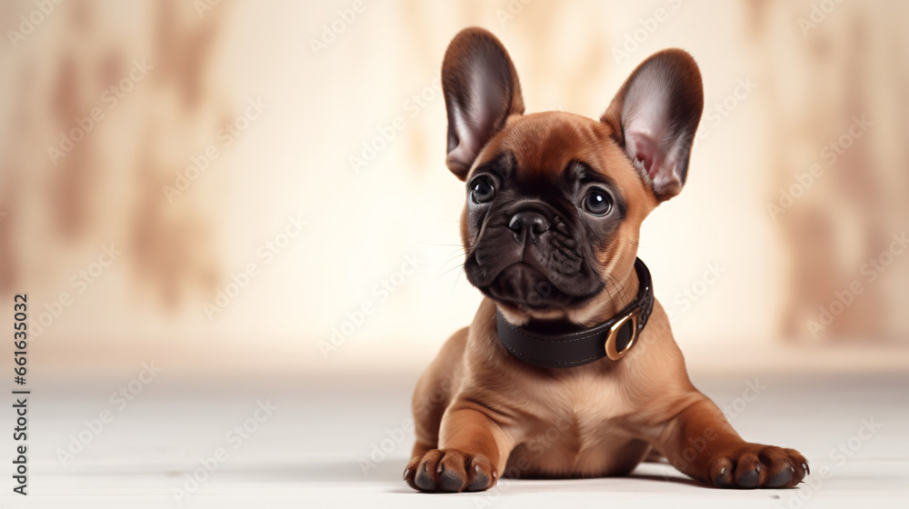 Adorable Little Frenchie Dog With Collar Looking Forward And Sitting - obrazy, fototapety, plakaty 