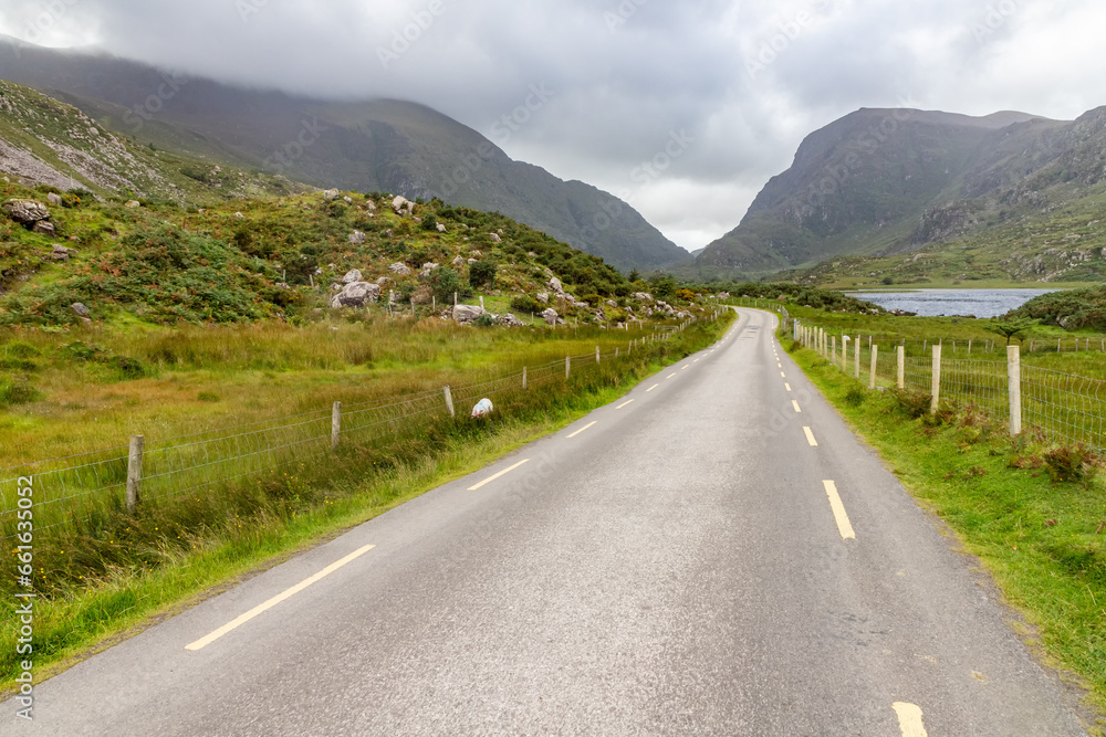 Road and mountains at Gap of Dunloe with rocks and vegetation