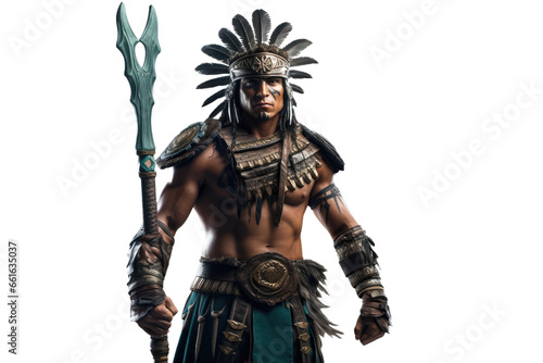 Mayan Warrior and Obsidian Weaponry on isolated background