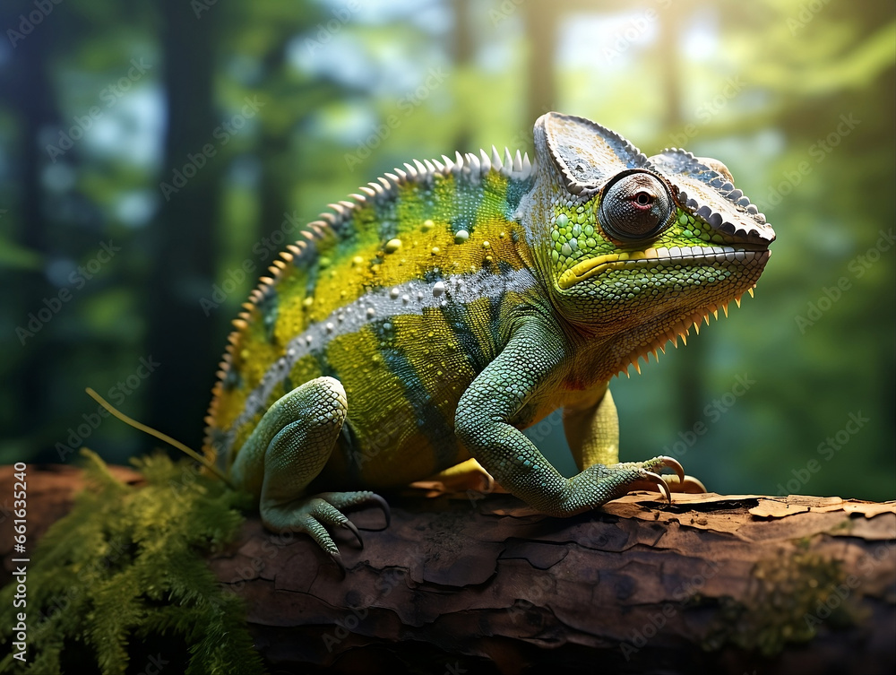 Obraz premium Vibrant Chameleon on Moss-Covered Branch in Forest: Perfect for Wildlife Documentaries, Nature Blogs, and Environmental Studies