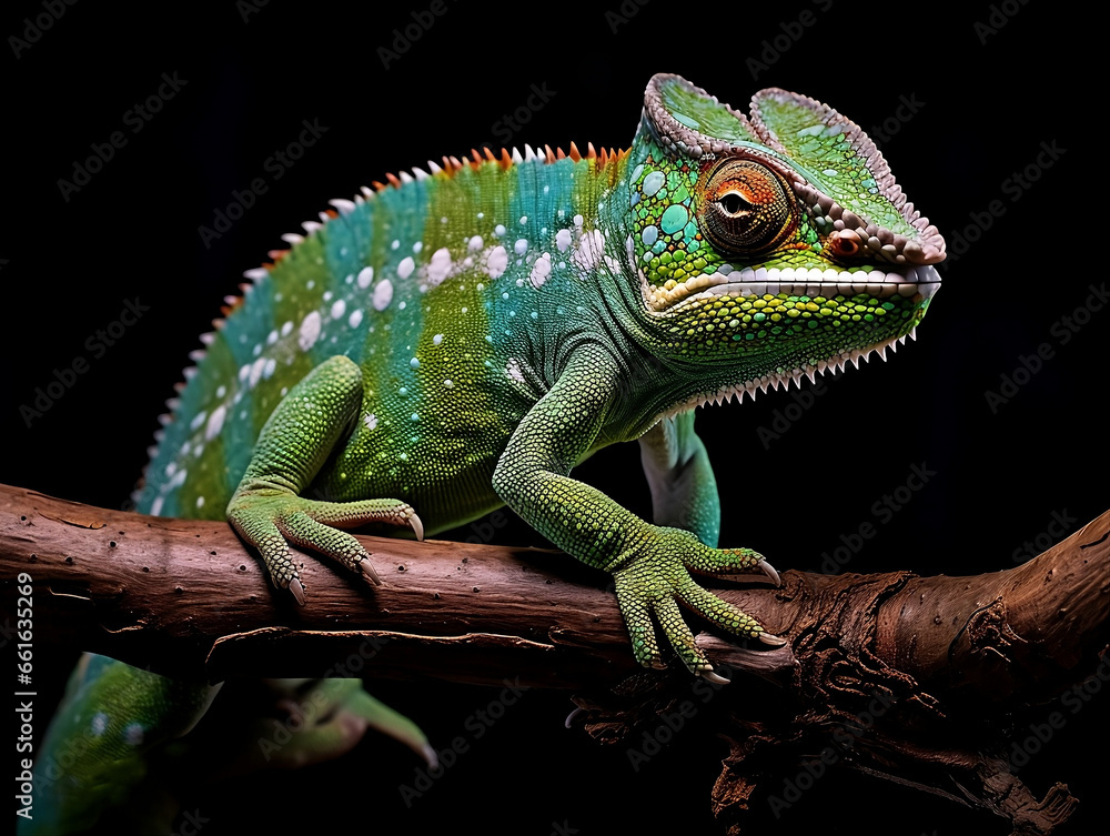 Fototapeta premium Vibrant Green Chameleon with Blue and Orange Spots on Branch: Perfect for Wildlife Documentaries, Nature Blogs, and Educational Materials
