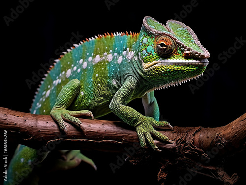 Vibrant Green Chameleon with Blue and Orange Spots on Branch  Perfect for Wildlife Documentaries  Nature Blogs  and Educational Materials