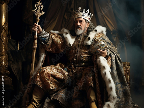 Majestic Medieval King in Royal Attire Seated on Throne - A Symbol of Power and Authority, Perfect for Historical Documentaries, Theatre Posters, and Educational Materials photo