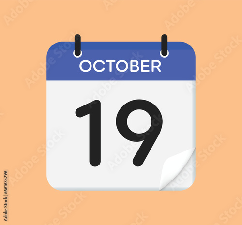 Vector calendar icon. 19 October. Day, month. Flat style.