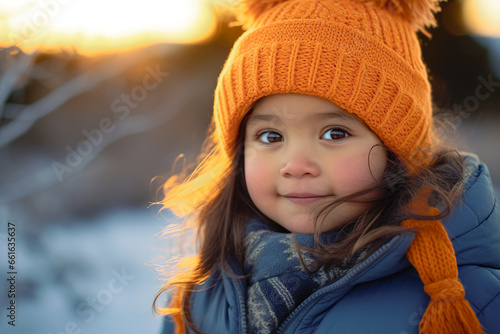 Latin American toddler girl posing with winter outfit in outdoors