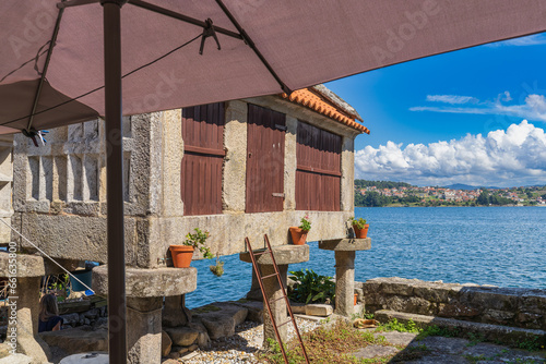 Typical horreos in the beautiful fishing village of Combarro, in Pontevedra, Galicia