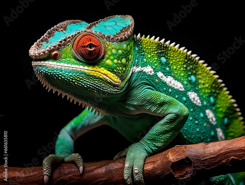 Vibrant Green Chameleon on a Branch - A Mesmerizing Display of Nature’s Adaptability, Perfect for Wildlife Enthusiasts, Nature Documentaries, and Educational Materials photo