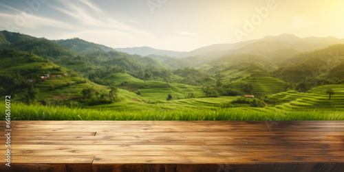 Empty rustic old wooden boards table copy space with terraced rice field in background. Product display template. Generative AI