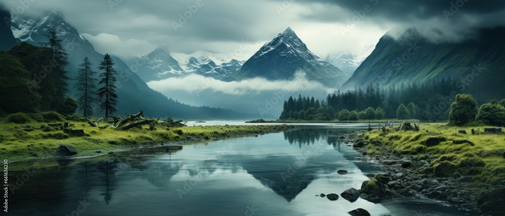 Beautiful panorama of mountain lake with reflection in the water