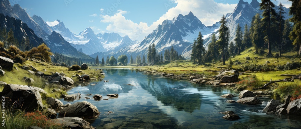 Beautiful panorama of the mountains with a river in the foreground