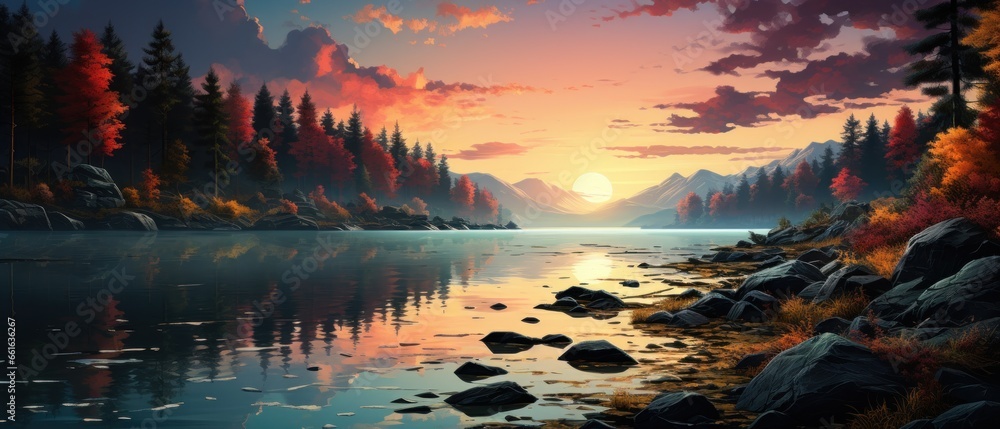 Fantasy lake at sunset. Mountain landscape