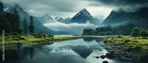 Beautiful panorama of mountain lake with reflection in the water