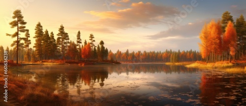 Autumn landscape with lake and forest at sunset. Panorama. © Viktor