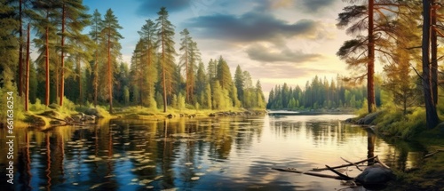 Panorama of the river in the forest at sunset. Beautiful summer landscape