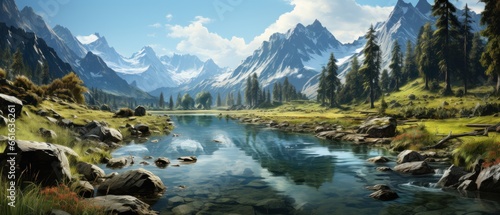 Beautiful panorama of the mountains with a river in the foreground