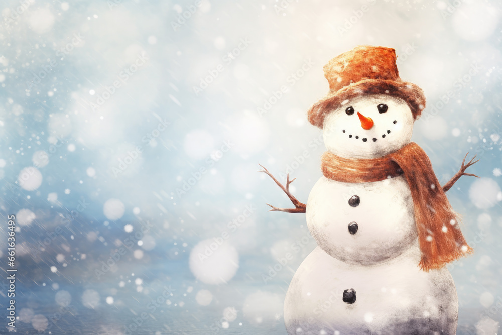 Illustration of Smiling Snowman on Winter Blurred Retro Landscape Background, Greeting Card with Copy Space