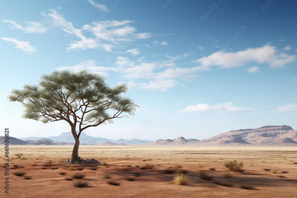 A single tree stands alone in the vast expanse of a desert. A single tree stands alone in the vast expanse of a desert.