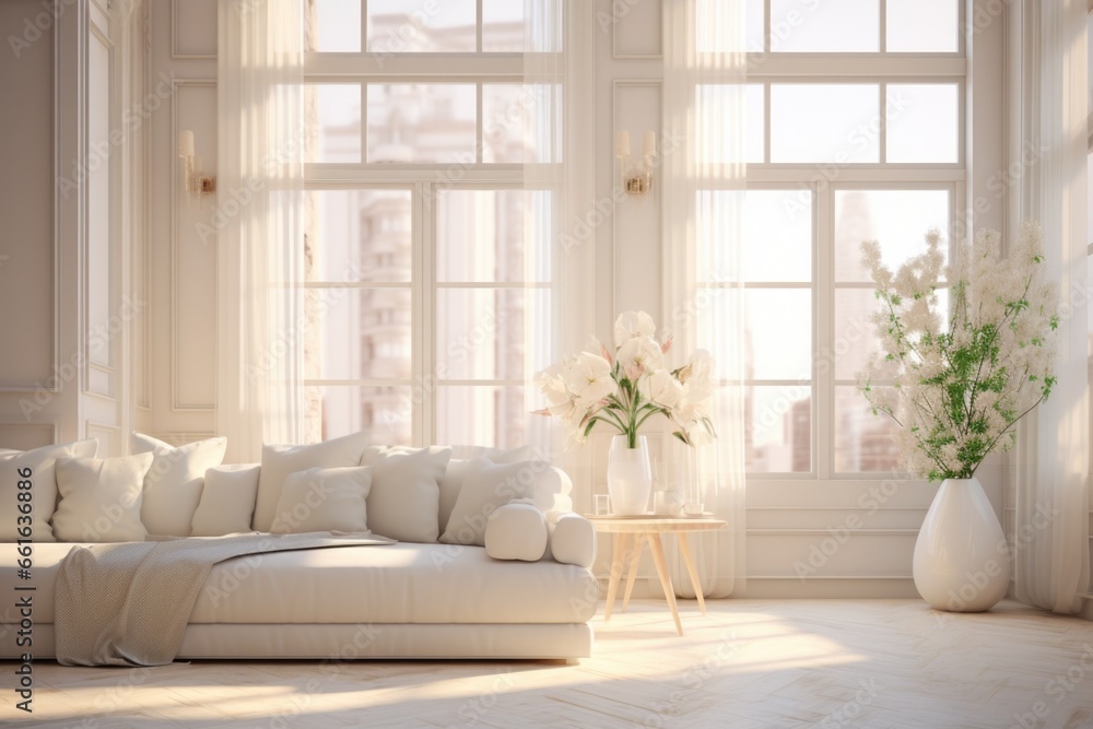 A simple and elegant living room with a white couch and a beautiful vase of flowers. 