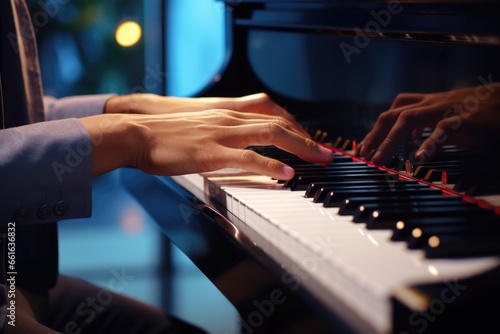 A close-up view of a person playing a piano. 