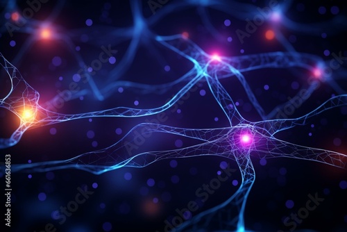 Holographic neuron network with pulsating electrical signals on dark background. Generative AI