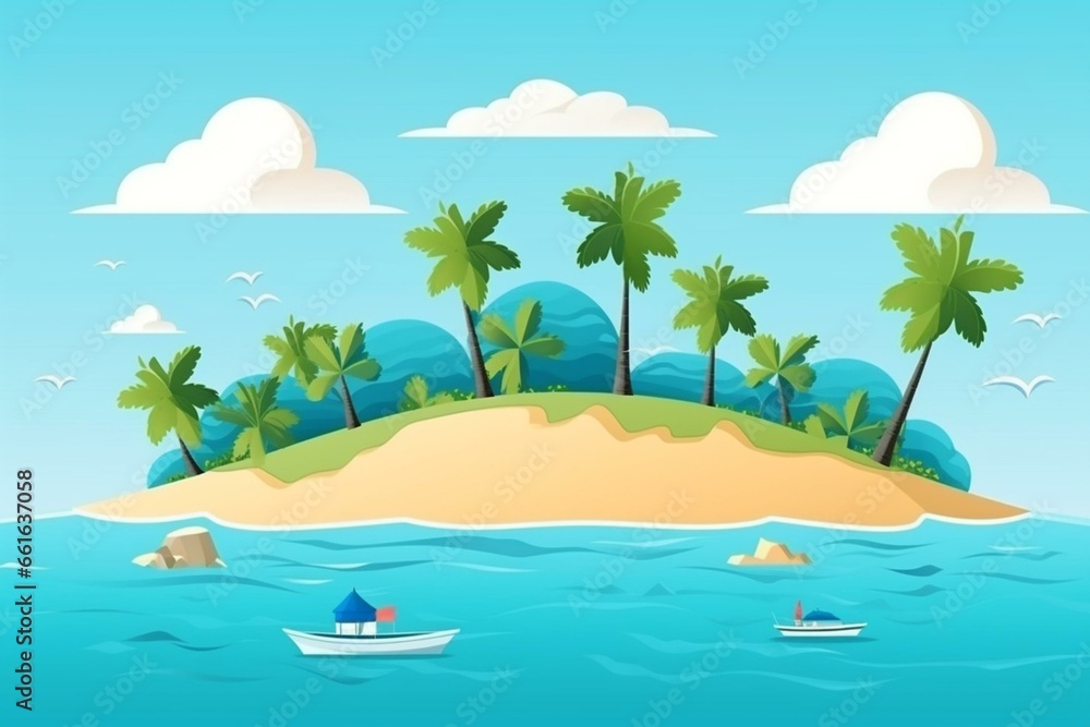 Illustration of summer seaside vacation with a tropical island and beach, promoting tourism and relaxation. Generative AI