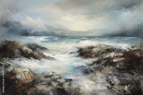 A painterly seascape landscape with a dreamy and textured appearance. Generative AI