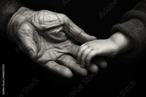 A touching black and white photo capturing the hand of a person gently holding a baby's hand. Perfect for illustrating the bond between a caregiver and a child.