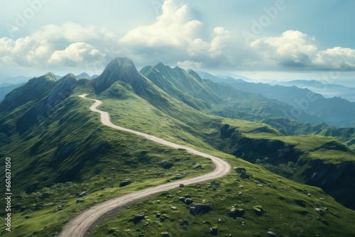 A scenic dirt road winding its way through a beautiful, vibrant green valley. Perfect for nature and travel-related projects