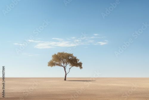 A solitary tree stands tall in the vast expanse of the desert. Perfect for illustrating solitude and resilience. Suitable for nature-themed designs and inspirational projects