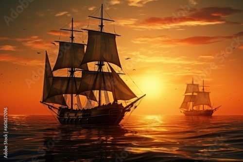 Two ships sailing in the ocean at sunset. Perfect for travel, adventure, and nature-themed projects