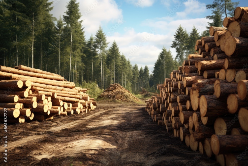 A collection of logs placed neatly on a dirt road. Suitable for various outdoor and nature-themed projects