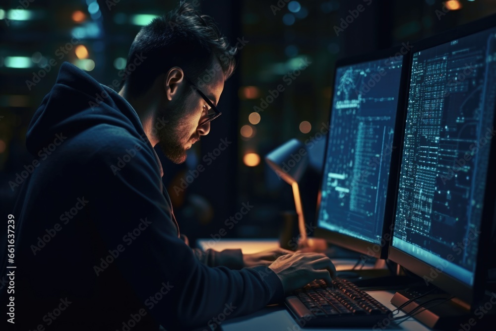 A man wearing a hoodie is focused on typing on a computer. A man wearing a hoodie is focused on typing on a computer.