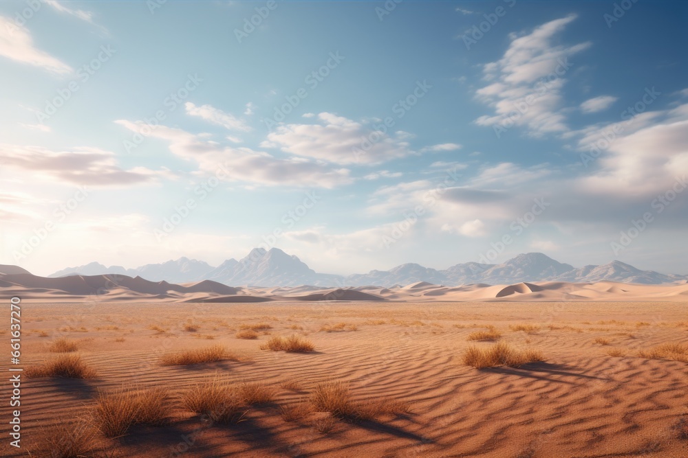 A picturesque desert scene featuring mountains in the distance. This image can be used to portray the vastness and beauty of nature A picturesque desert scene featuring mountains in the distance. This image can be used to portray the vastness and beauty of nature