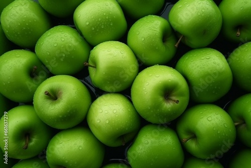 Top view of ripe green apples on surface for transportation during harvest. Generative AI