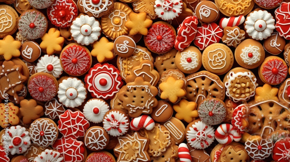 Background with many colorful Christmas cookies - obrazy, fototapety, plakaty 