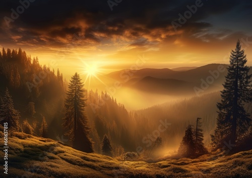 "Nature's Awakening: Sunrise Above Mountain Woodlands" Generativ Ai,