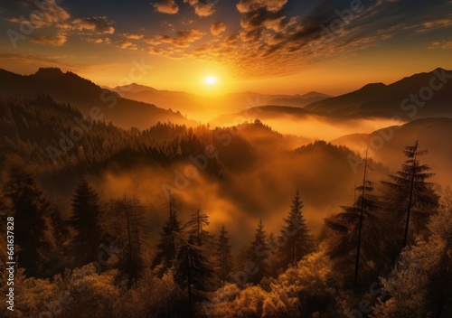"Majestic Dawn: Sunrise Over Forested Peaks" Generativ Ai,