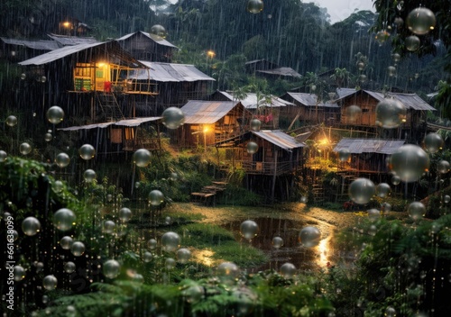 "Nature's Lullaby: Raindrops in a Jungle Village" Generativ Ai, © Gogi