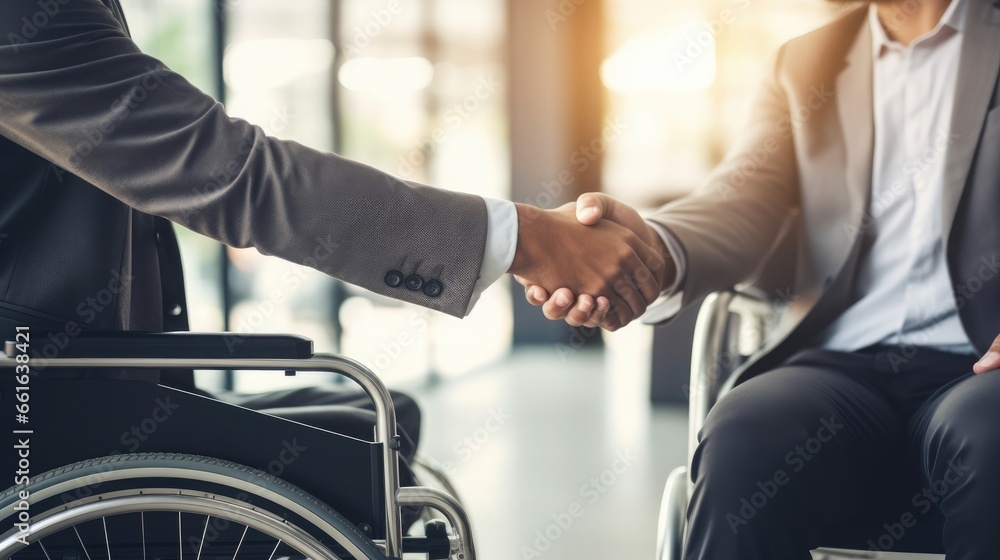 Business meeting in a co-working space. A man in a wheelchair shaking hands. Integration of people with disabilities. Business meeting in a co-working space. A man in a wheelchair shaking hands. Integration of people with disabilities.