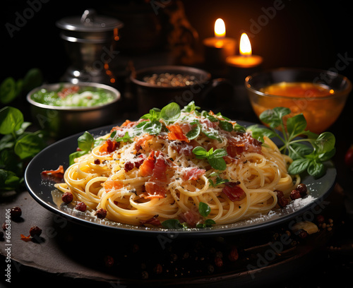 Carbonara pasta on a blurred background.