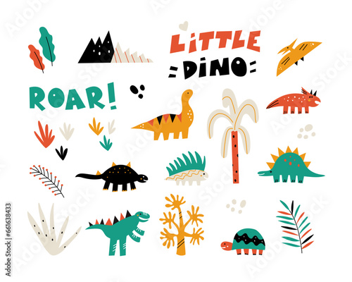 Vector illustration with cute little dinosaur design elements isolated on white background.
Icon set with dinosaurs, plants and lettering in bold colors.