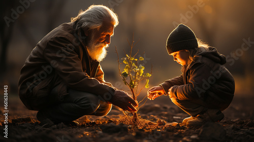 Child and elderly person planting