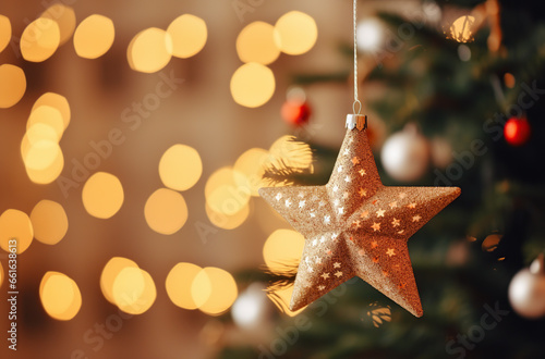 star ornament hanging on christmas tree
