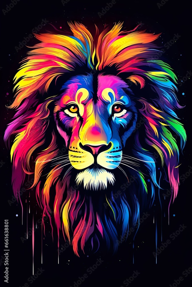 Lion in abstract, graphic highlighters lines rainbow ultra-bright neon artistic portrait | Generative AI