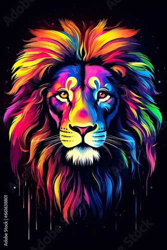 Lion in abstract  graphic highlighters lines rainbow ultra-bright neon artistic portrait   Generative AI