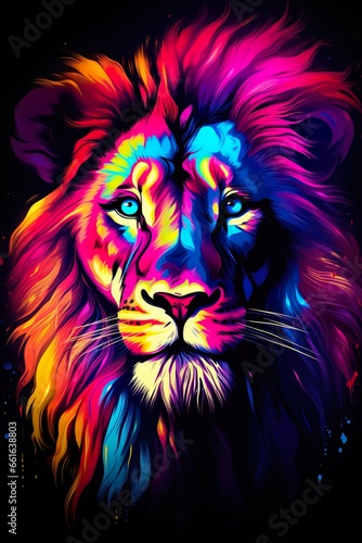 Lion in abstract  graphic highlighters lines rainbow ultra-bright neon artistic portrait   Generative AI