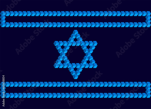 Israeli flag on a dark mournful background. Symbols of Israel based on the Penrose triangle. Monolithic basis of Israeli symbols based on unusual figures with violations of the laws of geometry