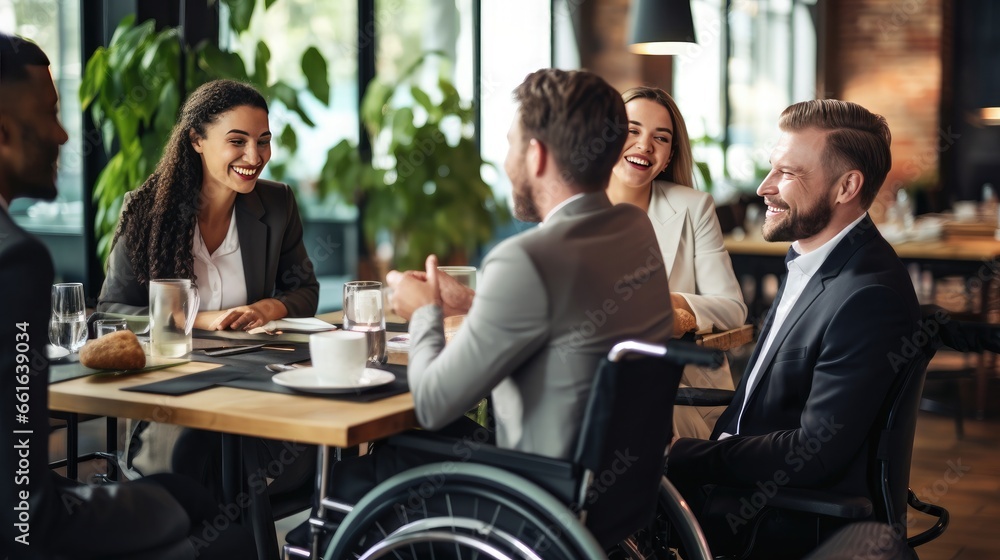 Business meeting in a co-working space by a man in a wheelchair. Integration of people with disabilities. Business meeting in a co-working space by a man in a wheelchair. Integration of people with disabilities.